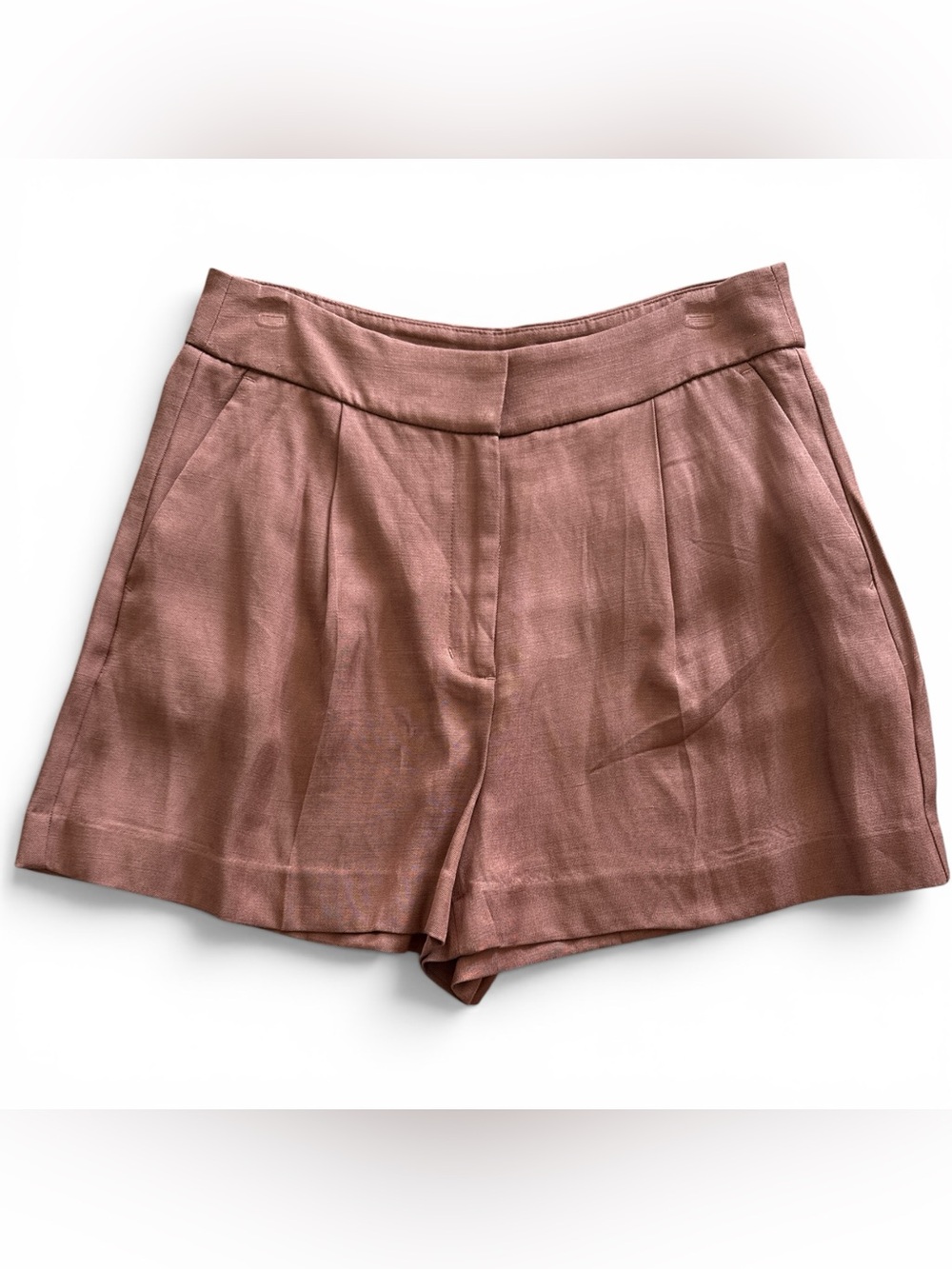 Express High-Waist Pleated Shorts in tan brown color.